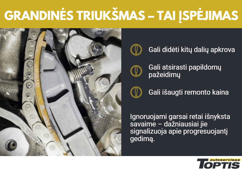 Variklio grandinė skleidžia garsus