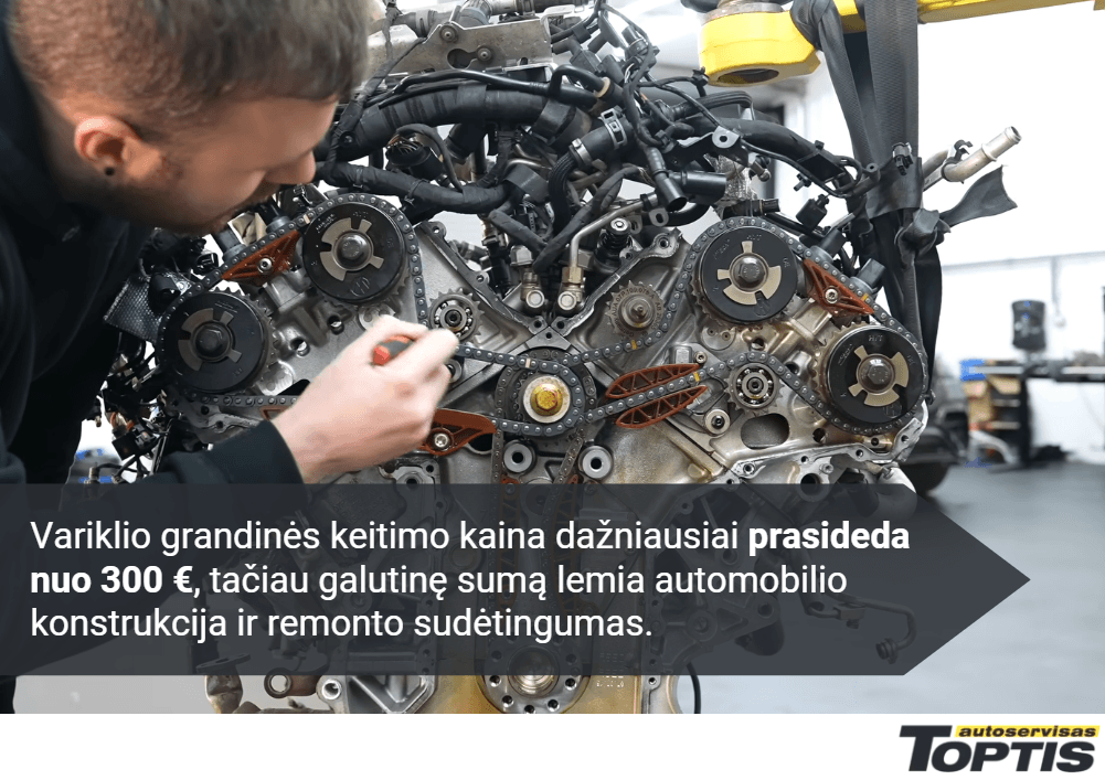 Variklio grandinės keitimo kaina dažniausiai prasideda nuo 300 eur