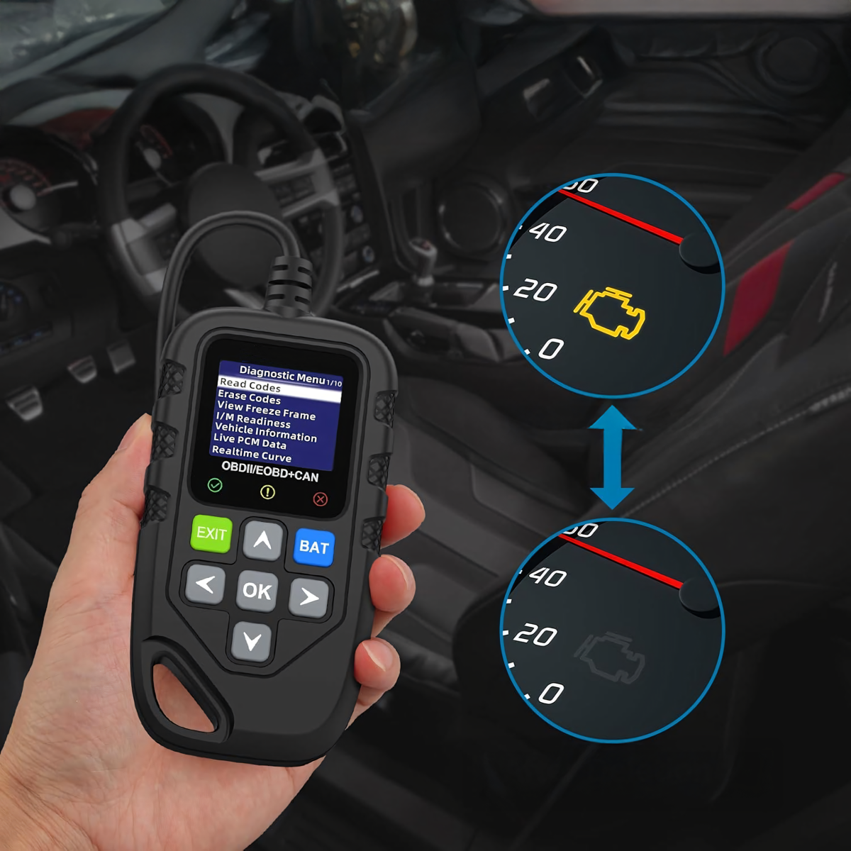 OBD diagnostikos skeneris ir Check Engine įspėjamoji lemputė